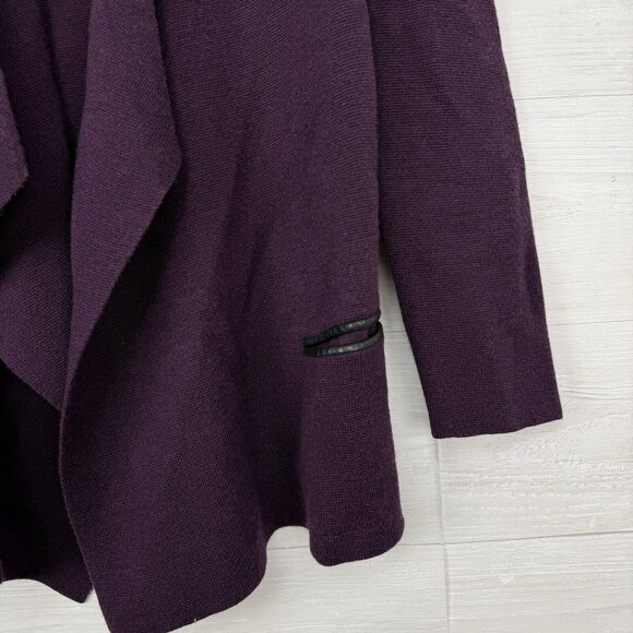 Eileen Fisher Cardigan Medium Purple Merino Wool Open Front Leather Trim Pockets - Picture 4 of 14